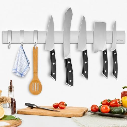 Dmore Magnetleiste Messer mit 3 Haken, 40 cm Messerhalter magnetisch silber, extrem selbstklebend Magnet Messerhalter aus Edelstahl, inklusive Klebeband und Schrauben, für Messer u