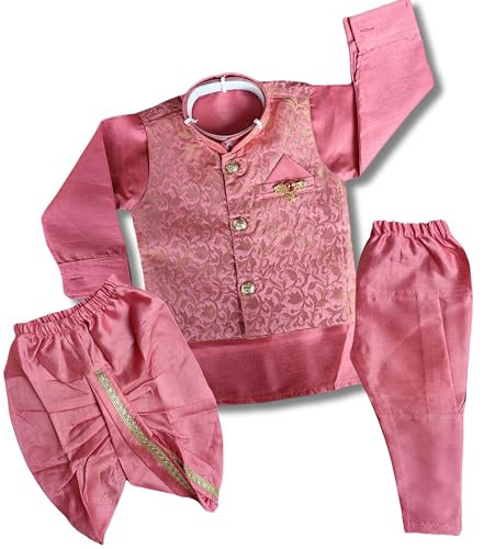 Image of Little Kids Ethnic Wear Kurta Pyjama and Waistcoat Set For Boys | Stylish Ethnic Wear | 3-piece set | Silk and Cotton Blend Fabric