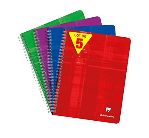 Clairefontaine 8762C Lot de 5 Cahiers à Spirale - 17x22 cm - 180 Pages Petits Carreaux - Papier Blanc 90 g - Couverture Carte Pelliculée - Couleurs Aléatoires