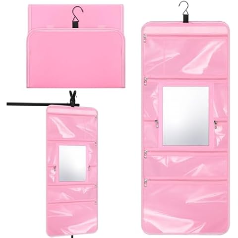 SilTriangle Hanging Toiletry Bag with Mirror Travel Foldable Beauty Bag Dance Bag with Mirror Backstage Cosmetic Bag Foldable Makeup Storage Organizer for Traveling Dancers Artists Home Spa (Pink) Cover