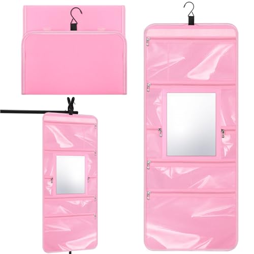 Hanging Toiletry Bag with Mirror for Men Women Travel Kit Large Foldable Beauty Dance Makeup Bag Organizer Storage Waterproof Roll up Cosmetic Case Accessories for Bathroom Shower(Pink)