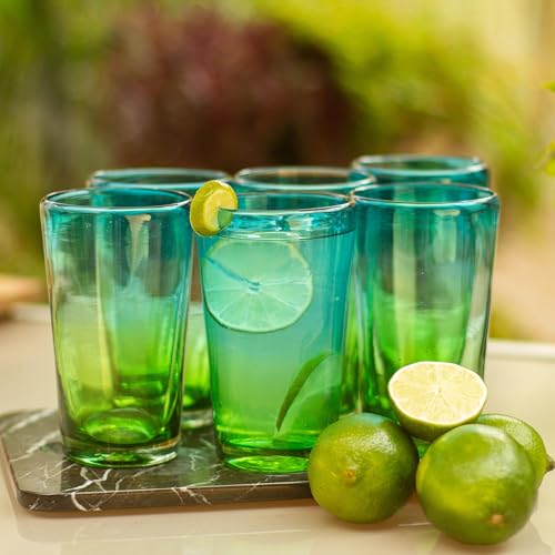Novica Aurora Tapatia' - Bicchieri Highball In Vetro Soffiato A Mano, 425 Ml, Colore: Blu E Verde - 2