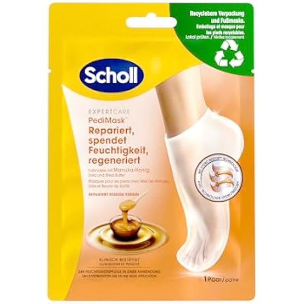 Scholl Intensywnie nawilżająca, trwała maska do stóp z miodem manuka, zapewnia długotrwałe uczucie wilgoci, 1 x 2 sztuki