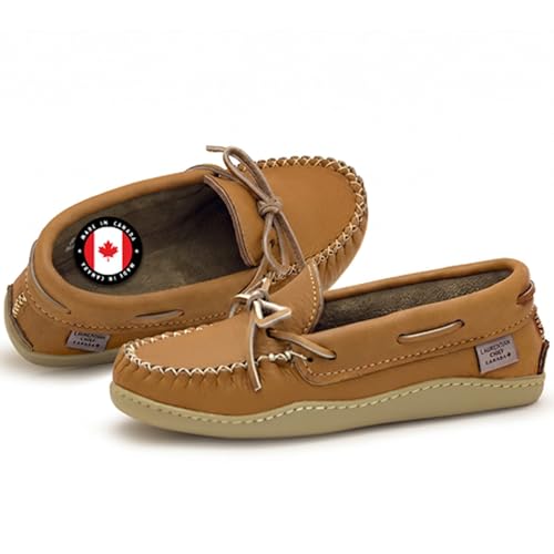 Image of Laurentian Chief Moccasin with 8-Hole Collar for Men - Stylish and Comfortable House Slippers with Brown Rubber Sole - Leather Indoor and Outdoor Slippers