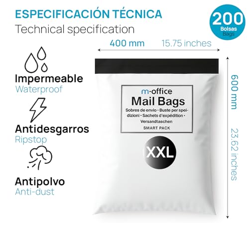 M-office Versandtaschen Selbstklebend 200 Stk XXL (400×500+50 mm) Versandtaschen wasserdicht selbstklebend für Kleidung, Pakete & Online-Shops – Recycelbar mit sicherem Verschluss