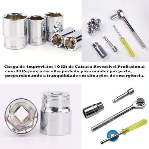 Jogo de Chave Catraca Reversível Kit de Ferramentas com Soquetes Sextavados, 40 Peças, Maleta, para