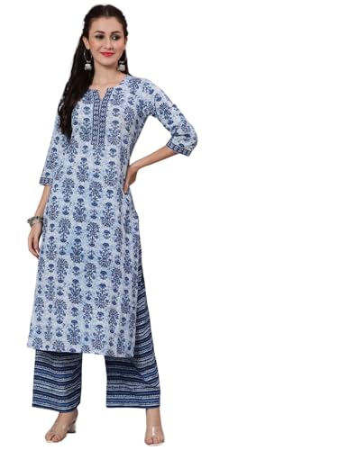 rytras Women’s Cotton Printed Straight Kurta and Palazzos Set Blue
