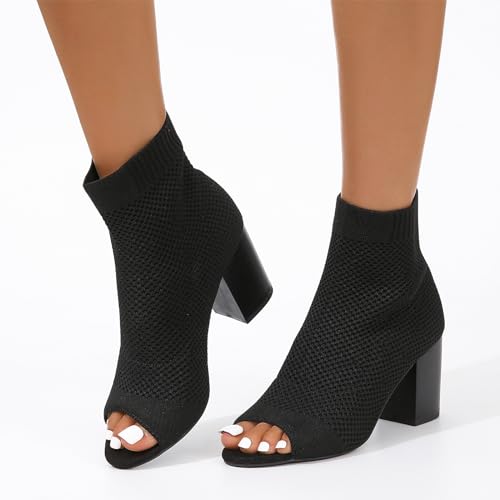Peep Toe Booties for Women Knit Open Toe Chunky Block Heels Breathable Sock Boots Fashion Heeled Sandals US5-112