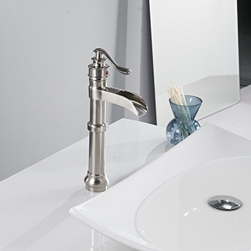 Bathfinesse Bathroom Sink Faucet Brushed Nickel Waterfall Vessel Sink Faucet Single Handle 1 Hole Faucet For Bowl Sink Lavatory Deck Mount Tall Commercial Supply Hose Lead-Free #TOP2