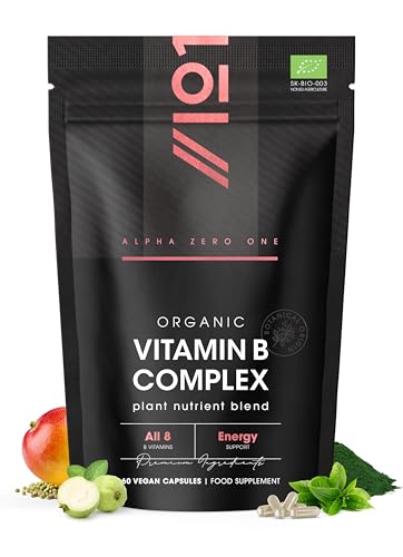 Organic Vitamin B Complex – 100% Plant Based Blend – 60 Vegan Capsules – All 8 B Vitamins B1 B2 B3 B5 B6 B7 B9 B12 – Energy Support – by Alpha01