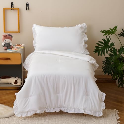 Image of Luxlovery Toddler Comforter Set White Ruffles Girls Kids Boho Bedding Set Bed Set for Dorm 4 Pieces (1 Comforter, 1 Flat Sheet, 1 Fitted Sheet, 1 Pillowcase)