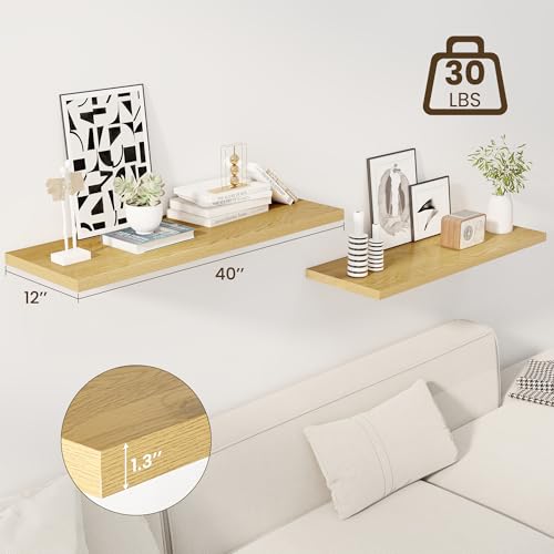 Image of Dreamland 40 inch Floating Shelves for Wall, 12 inch Deep Slim Oak Floating Shelves, Wall-Mounted Shelves for Bedroom, Living Room, Kitchen, Bathroom - Set of 2