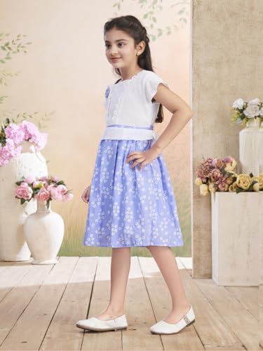 Image of Aarika Girls Blue Colour Floral Print Cotton Blend Frock