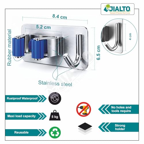 Image of JIALTO 3 Pcs Adhesive Mop Holder and Broom Holder Wall Mounted Stainless Steel | Heavy Duty Mop & Broom Organizer with Hooks | Adhesive Storage Rack for Kitchen & Bathroom (Blue, 3)