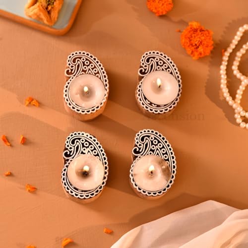 Image of Ascension Pack of 4 Wooden Peacock Shaped Tea Light Candle Holder Handmade Wooden Block Print Tealight Candle Stand Decorative Items For Puja Gifting Indoor Outdoor Diwali Decoration Home Office Decor