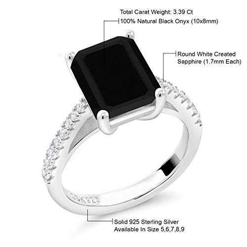 Gem Stone King 925 Sterling Silver Black Onyx And White Created Sapphire Women's Wedding Engagement Ring (3.39 Cttw, Gemstone Birthstone, 10X8Mm Emerald Cut, Available In Size 5, 6, 7, 8, 9) #TOP6