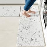 Silver Foil Stamped Marble Kitchen Mats for Floor 2PCS Cushioned Anti Fatigue Non Slip Waterproof Comfort Leather Kitchen Rugs 2/5 Inch PVC Kitchen Mats for Sink, Laundry, 17.3'x28'+17.3'x47',White