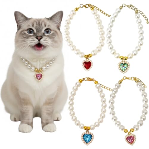 Pearl Collar for Dogs, Dog Pearl Necklace Collar, 4 Pack Assorted Colors, Pink Light Blue Red Iridescent, Medium Size with Shiny Pearls