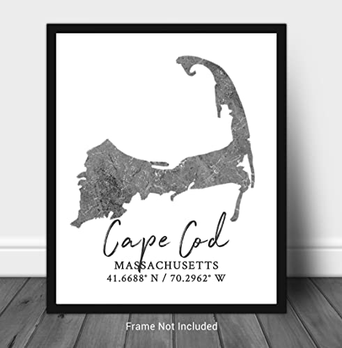 Westbrook Design Studio Cape Cod Ma Map Wall Art Print - 8X10 Silhouette Decor Print With Coordinates. Makes A Great Cape Cod-Themed Gift. Shades Of Grey, Black & White. #TOP1