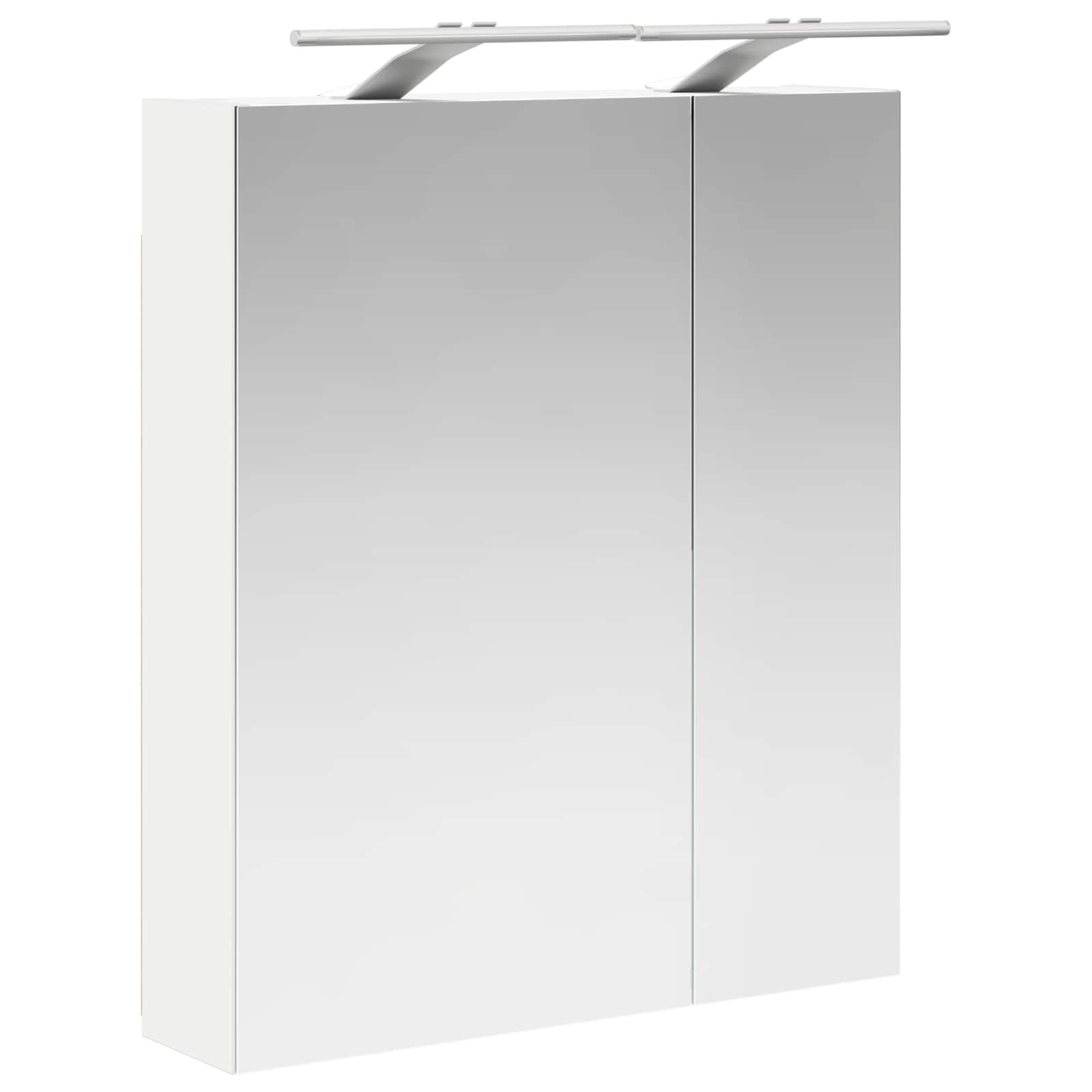 Szafka łazienkowa z lustrem biała, 60 x 14,5 x 70 cm, materiał drewnopochodny z dwoma półkami, oświetlenie LED, złącze USB, montowana na ścianie, do łazienki, toalety dla gości, miejsce do