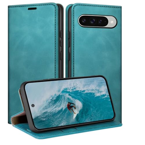 Coque Pixel 10 en cuir premium avec blocage RFID étui portefeuille vert d'eau élégant