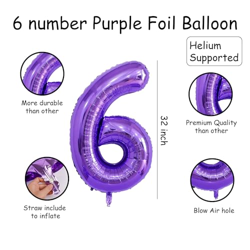 Image of Purple 6 Number Foil Balloon with Crown & Base Balloons | 32 Inch Helium Supported for Birthday, Anniversary, Baby Shower Decoration - Pack of 14
