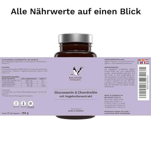 Glucosamin & Chondroitin Kapseln - 1400mg Glucosamin, 1200 mg Chondroitin, 80 mg Vitamin C pro Tagesdosis - 180 Kapseln für 2 Monate - laborgeprüft - Balanced Vitality