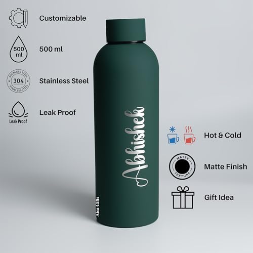 Image of AICA Personalized Name Stainless Steel Water Bottle -500ml - 12 Hrs Hot & 18hHs Cold (Darkgreen) | Customised Gift For Man Woman Girl Boy