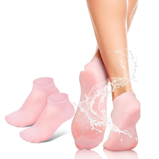 Image of 2 Pairs Silicone Moisturizing Glove Socks Set, Anti Slip Soft Spa Gel Socks Softening Feet Dry Cracked Skin, Women Spa Pedicure Socks for Foot Hand Softening, Foot Care After Pedicure (Pink)