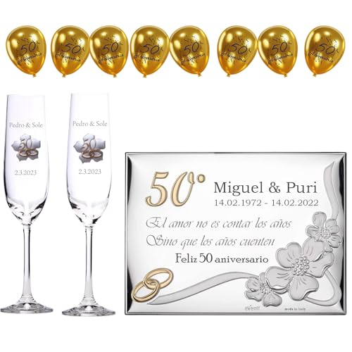 JOYERIA EL FARO | Regalos de boda 50 aniversario | Pack árbol + 8 globos gratis | Grabado personalizado | Presentación en estuche premium | Celebra 50 años de amor juntos (Pack copas + placa + globos)
