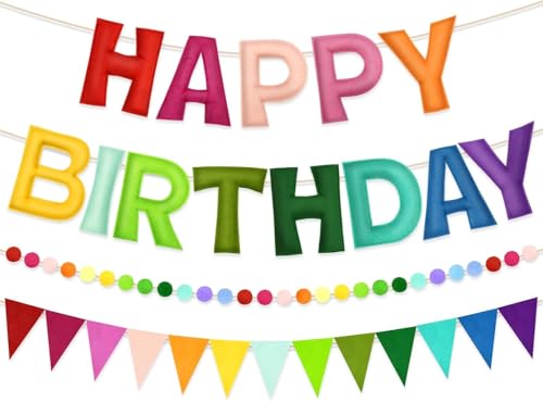 Guirnalda de bolas de fieltro hecha a mano y cartel de feliz cumpleaños arcoíris duradero 2