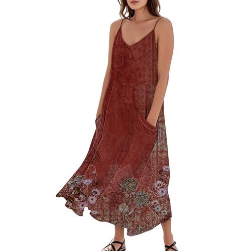 Oyuchga Vestido sin mangas para mujer, sin mangas, cuello en V, vestido de tirantes a la moda, estampado degradado, vestido de verano, corte holgado, vestido de playa, vestido largo con bolsillos