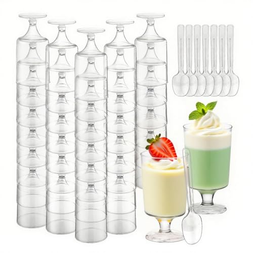 Slomg 80 Pack 5 Oz Plastic Dessert Cups With Spoons, Disposable Goblet Parfait Pudding Jello Shooter Cups For Party Serving, Clear To Go Fruit Ice Cream Bowls For Yogurt Trifle Mousse Snack Appetizer