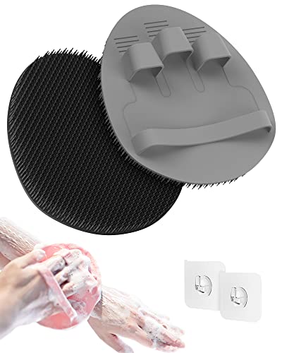 Manmihealth Cepillo de ducha de silicona suave, limpiador corporal y facial súper espumoso y limpieza profunda, guante de baño exfoliante suave para todo tipo de piel (negro y gris)