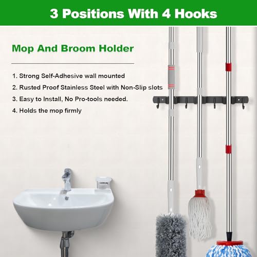 Image of voze 3 Racks and 4 Hooks Mop and Broom Holder Wall Mount, Self Adhesive Heavy Duty Broom Organizer Storage Tool Racks for Kitchen Garden Laundry Garage
