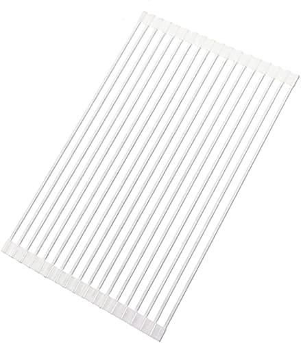 OverSink - Estante plegable de metal para utensilios de cocina, estante de secado portátil para rollo de cocina, diseño de ahorro de espacio, color rosa y blanco (52 x 33 cm)