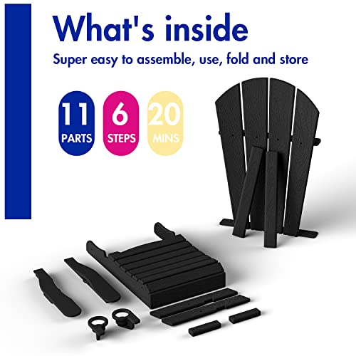 Briopaws Folding Adirondack Chair With Adjustable Backrest & Ottoman, Wood Texture All-Weather Hdpe Outdoor Chairs W/Cup Holders & Retractable Footrest For Poolside, Fire Pit, Campfire, Deck, Black #TOP6