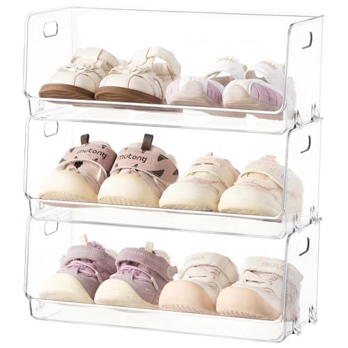 HBlife Clear Acrylic Kids Shoe Rack Baby Toddler Shoe Storage Organizer for Closet Floor Entryway Bedroom, 3 Tier Stackable Small Shoe Rack Shelf Display Stand
