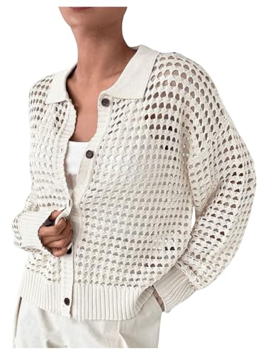 トップス motif collar removal knit cardigan MakeMeChic Women's Collared Hollow Out Button Down Cardigan