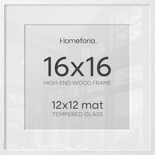 Image of Homeforia 16x16 White Picture Frame, High End Oak 16 x 16 Square Wood Frames with Mat 12 by 12 inches Photo, 16by16 White Wooden Poster Frames Matted to 12x12 Print, Tempered Glass, Wall Kit, Set of 3