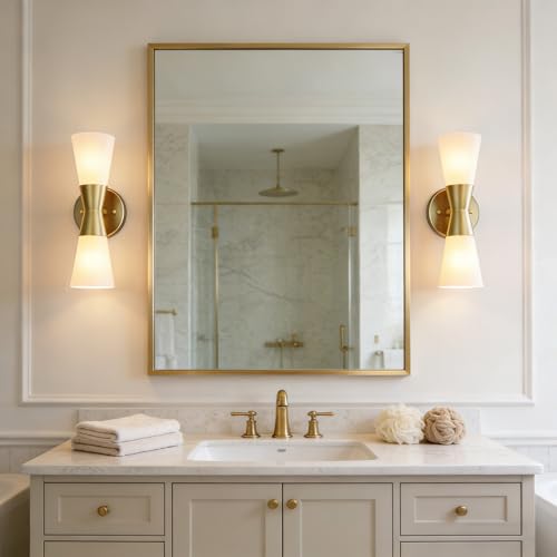 Image of Bathroom Wall Sconce, Modern Indoor Vanity Light Fixtures, Up Down Lighting, Wall Mount Lamp for Living Room Bedroom Hallway Stairway Fireplace Mirror E26 Base (White & Gold - 1pack, 13inch)