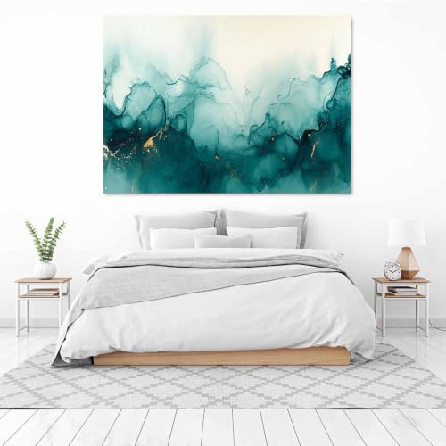 Décoration Murale Chambre Affiche Toile Abstraite Vert Fluide Doré - 3