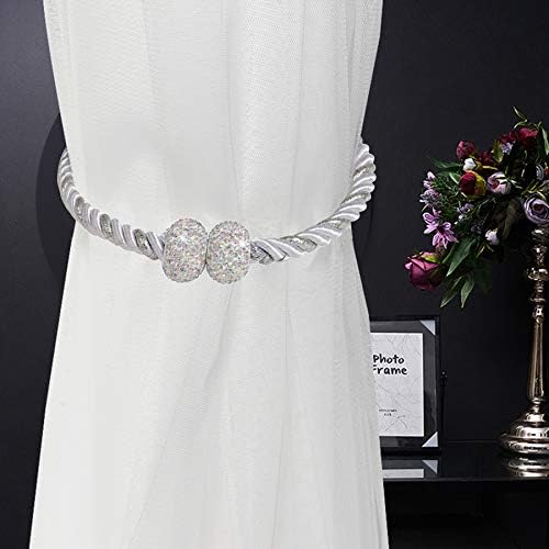 Magnetic Curtain Tiebacks Crystal Drapery Tie Backs Weave Holder for Draperies Sheer Curtains 2 Packs Shining Decorative Curtain Holdbacks Clips for Bedroom Living Room Window Treatments (White)