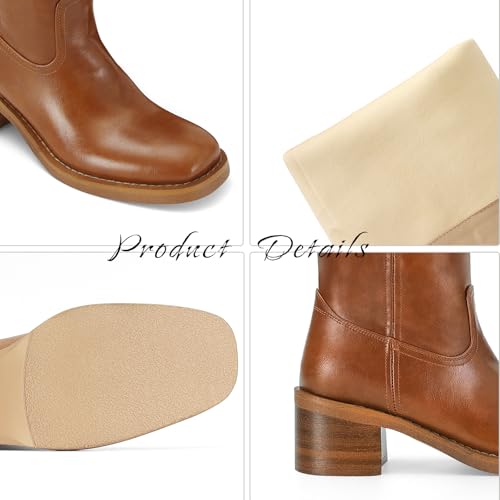 Image of DOEYG Women's Banana Knee High Boots Square Toe Chunky Block Heel Tall Boots Wide Calf Fashion Comfortable Casual Pull on Long Boots