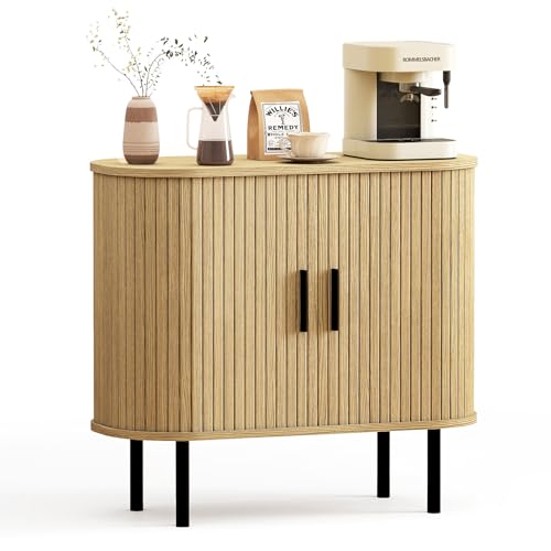 BREEZEHEAT 35" Mid Century Modern TV Stand-Fluted Sideboard Cabinet–Tambour Small Buffet Cabinet w/Sliding Doors & Adjustable Shelves–Small TV Cab