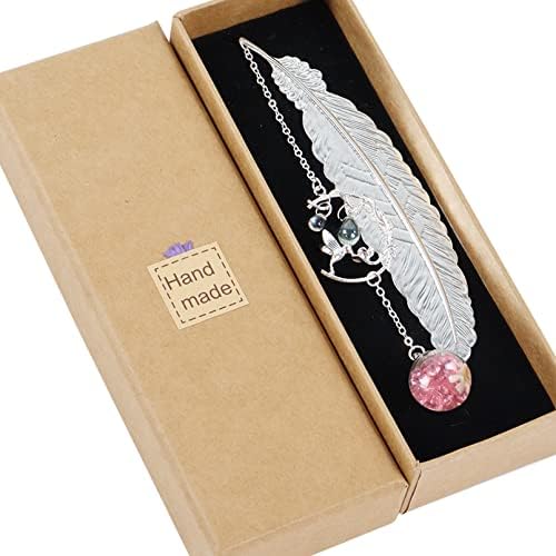 Metal Feather Bookmark with 3D Hummingbirdand and Glass Beads Pendant, Handmade Vintage Bookmark with Gift Box, Book Marker Gifts for Women, Kids, Readers, Teachers