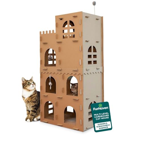 Image of FurHaven Castle Tower Multi-Level Cardboard Cat House for Indoor Cats with Catnip & Toys, Double-Walled Corrugated Scratcher Designed for Lounging, Play & Comfort, One Size, Cardboard, Brown