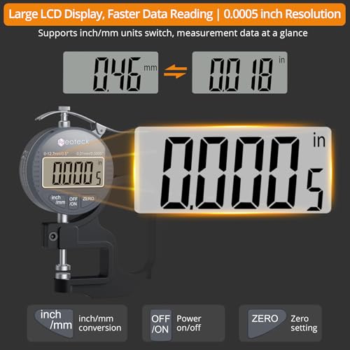 Neoteck Digital Thickness Gauge 0.5inch/12.7mm,0.0005inch/0.01mm LCD Display with Inch/MM Conversion One-Hand Quick Press Thickness Measuring Tool for Leather Paper Fabric Film etc.-Silver-Grey