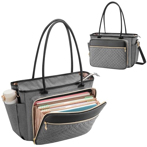 Luxja Bolsa de Profesora con Bolsillo para Archivo de Acordeón, Bolso para Maestra para Mujeres con Compartimento para Portátil de 15,6 Pulgadas, Gris