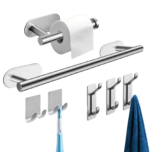VOIVITA Accesorios Baño sin Taladro - Toallero Adhesivo Baño, Portarollos Papel Higienico Adhesivo, Ganchos Adhesivos para Pared, Baño Accesorios Toallero Lateral Mueble de Baño en Color Gris